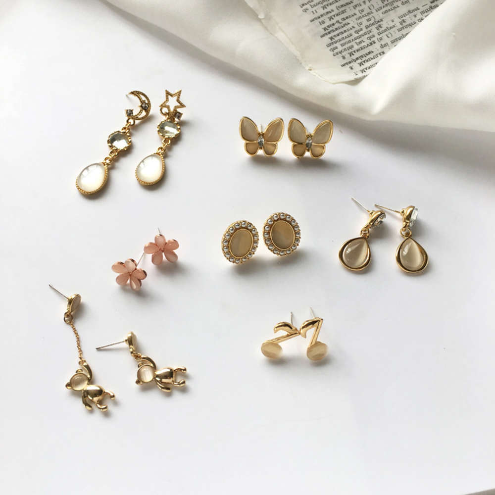 

earrings 925 silver needle cat's eye stone earrings Korean temperament geometric square Diamond net red simple Earrings women, Golden