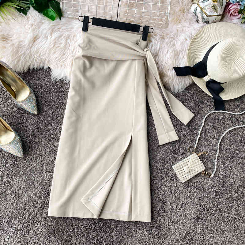 

Spring Summer Female Solid Side Slit Skirt Casual Buttocks Bandage High Waist All Match Chic Ladies 210520, Light brown