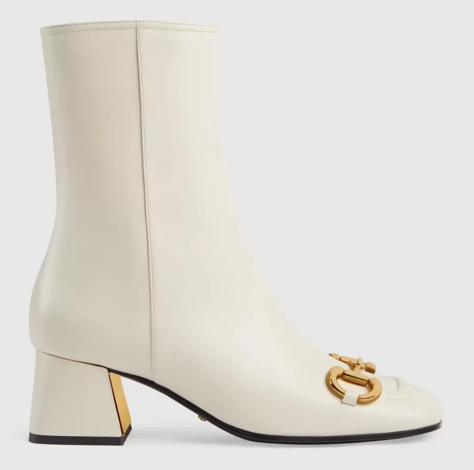 

Winter Horsebit Ankle Boot Women's Gold-toned Square Toe White Black Leather Boots Lady Bottes Famous Party Wedding Martin Combat Booties