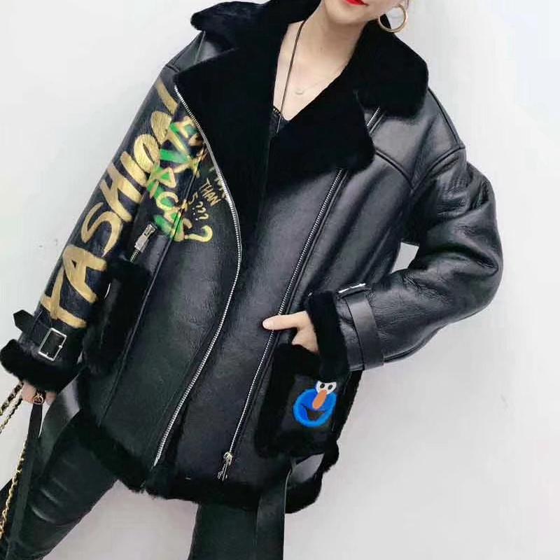 

Women' Leather & Faux Graffiti Genuine Natural Sheep Shearling Fur Coat Winter Sheepskin Female Bomber Thicker Warm Jackets F1925, Black