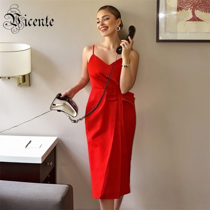 

Chic Ruched Design Sexy V Neck Midi Dress Celebrity Party Club Slip Vestido 210520, Red