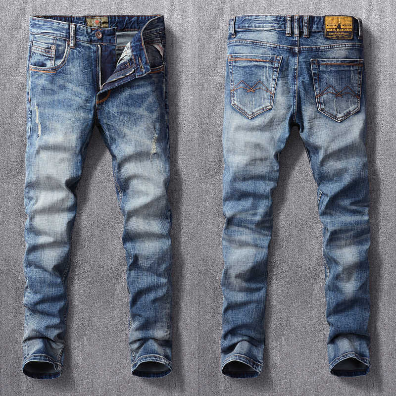 

Italian Style Fashion Men Jeans High Quality Retro Blue Elastic Slim Fit Ripped Vintage Designer Casual Denim Pants TDAR