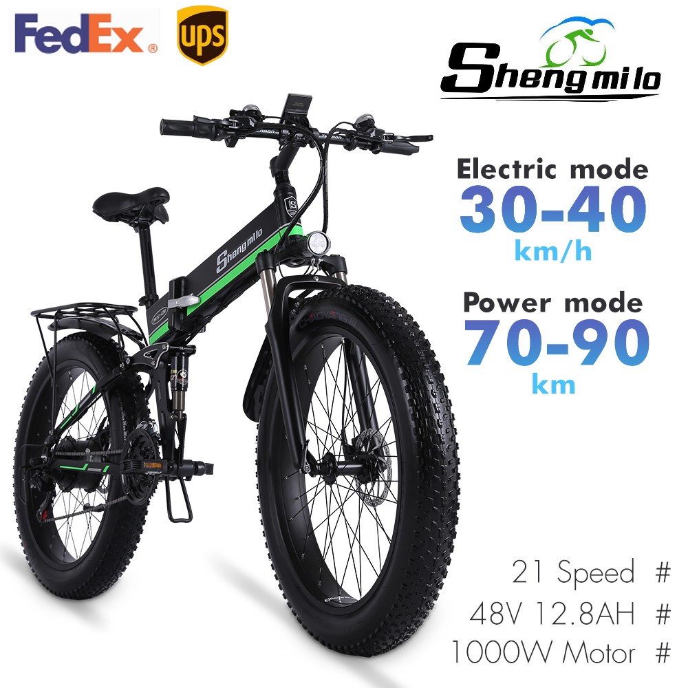 

MX01 26 Inch Folding Electric 1000w Mountain bike 4.0 City Fat Tire Bicycle 48V Lithium-Battery Shengmilo E-bike, 26 inches green