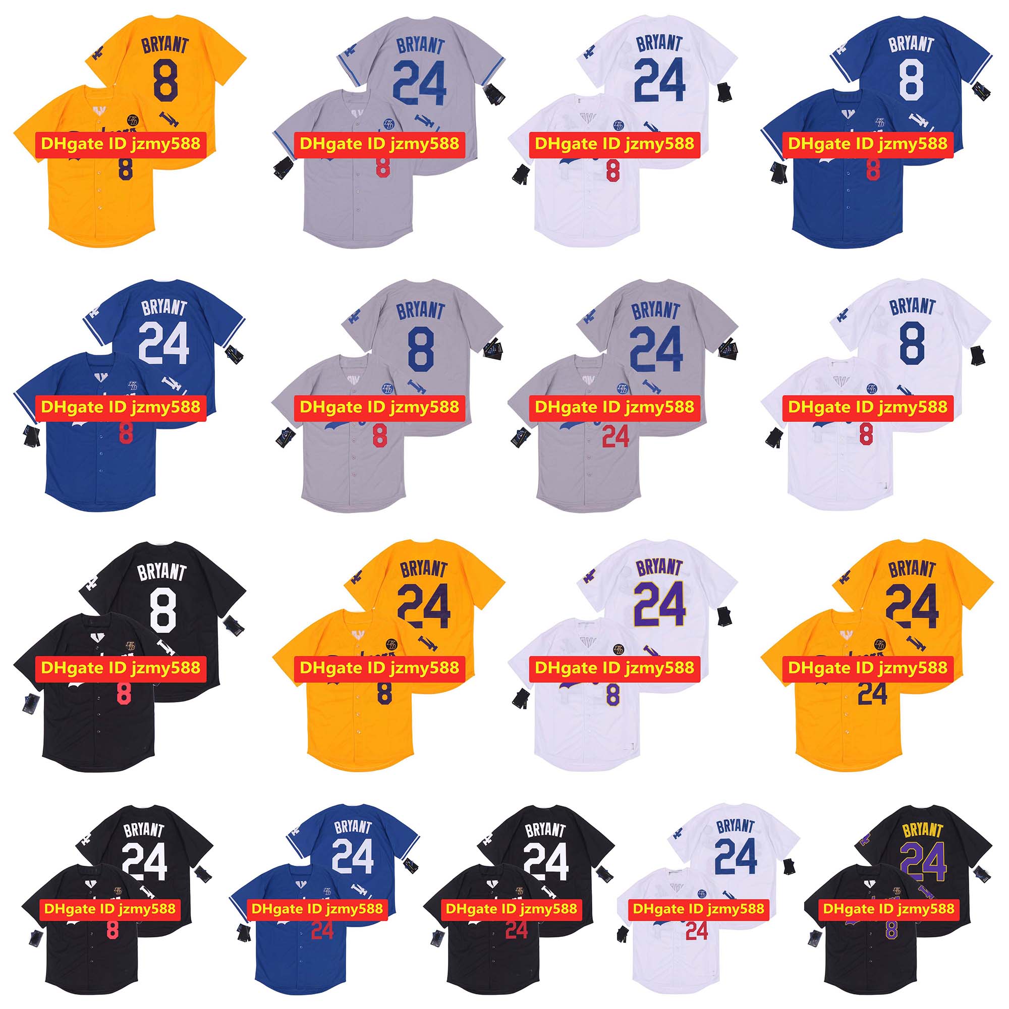 

Top Quality LA Mens #8 #24 Bryant Baseball Jersey Los Angeles Yellow White Grey Black Stitched