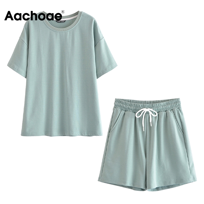 

Summer Loose Casual 2 Piece Set Women O Neck Short Sleeve T-shirt Dstring Elastic Waist Shorts Sport Wear Tracksuits, Black;white