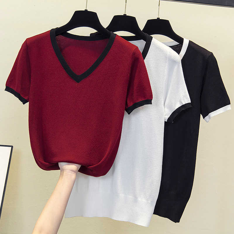 

Autumn Knitted Oversized Pullover Women Sweater Shirt Female All-match Basic Short Sleeve Summer Tops Clothing 210604, Burgundy