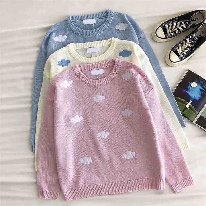 

Women Clouds Embroidery Sweater Fashion Korean Long Sleeve Loose Oversize Pullover Knitted Top Woman Cute Sweaters 210525, Apricot