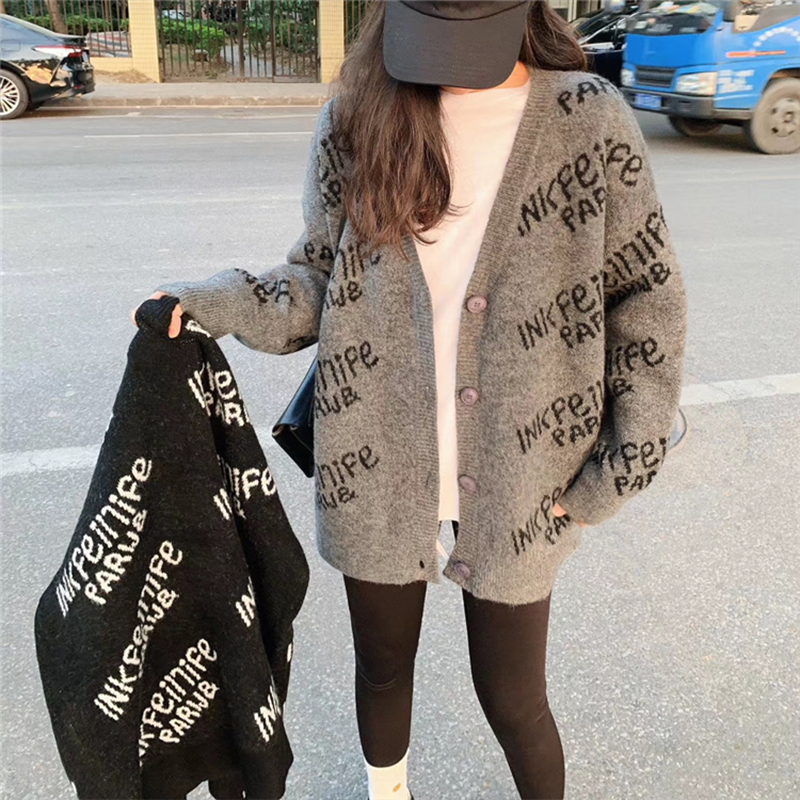 

fashion autumn winter alphabet decorated v neck jacket knit women sweater letter outerwear, Black;brown