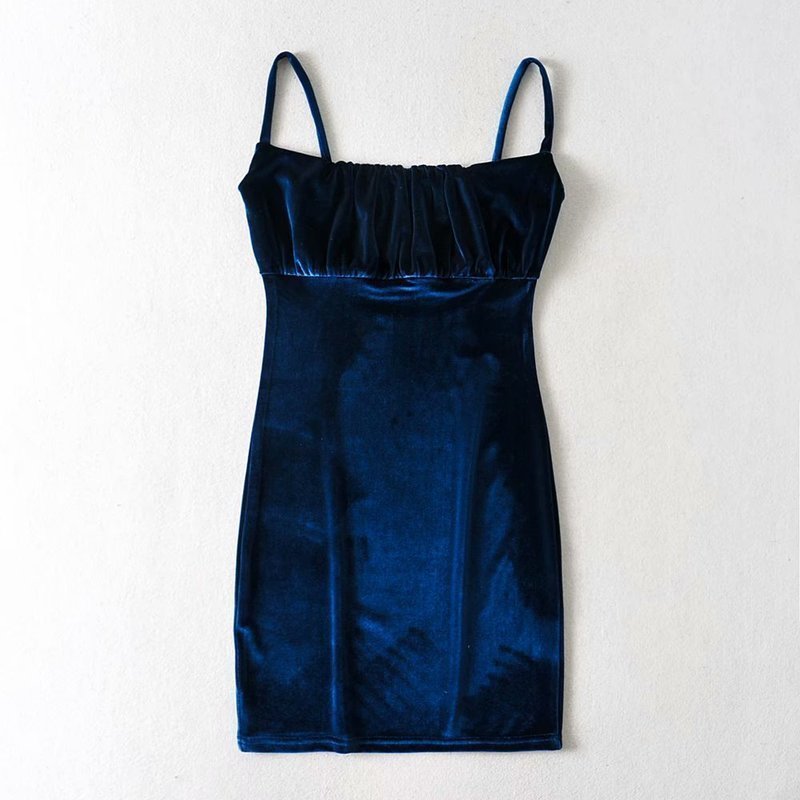 

fashion Dresses Women' Casual autumn gold velvet pleated hip skirt trend square neck suspender dress, Khaki