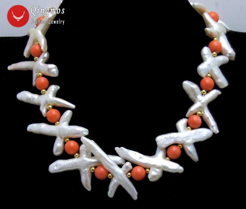 

Chokers Qingmos 30*60mm Cross Natural White Pearl Necklace For Women With 9-10mm Round Pink Coral Jewelry 17'' Nec6371