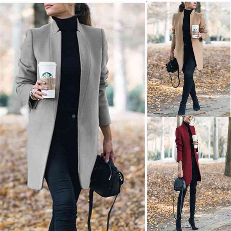 

Autumn Winter Fashion Women Wool Coat Solid Color Long Sleeve Mandarin Collar Causal Big Size -5XL Code 210517, Black