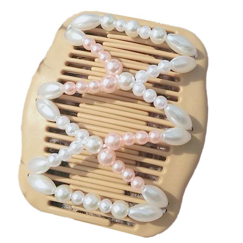 

Hair Clips & Barrettes Women Magic Elasticity Comb Pearl Double Clip Stretchy Styling Making Tool Combs Decoration Beads Accessories, Golden;silver