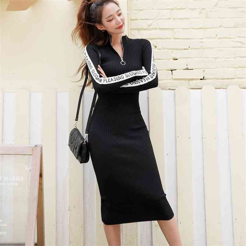 

knitted Sweater dress Korean Ladies Winter Long Sleeve Stand cotton Sexy casual clothes women 210602, Black