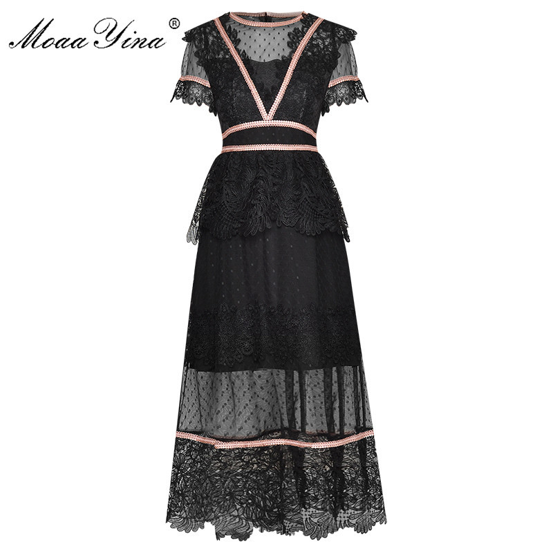 

Fashion Runway dress Summer Women's Dress Short sleeve Mesh Patchwork Ruffles Black Slim Elegant Dresses 210524