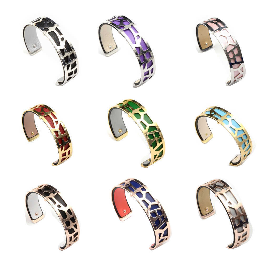 

15mm Cuff Removable Bracelet Mood Kc Rose Gold Reversible Leather Insert Manchette Metal Hollow Wrist Diy Bijoux Bangle Q0719