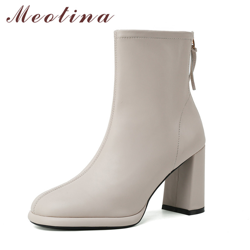 

Women Short Boots Shoes Real Leather Platform High Heel Lady Square Toe Block Heels Zip Ankle Autumn Winter 210517, Beige synthetic lin
