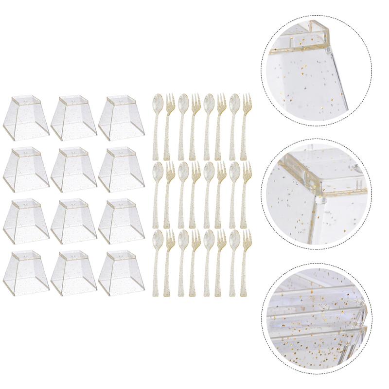 

Disposable Cups & Straws 1Set Dessert Cup Spook Fork Party Plastic Serving Flatware Golden