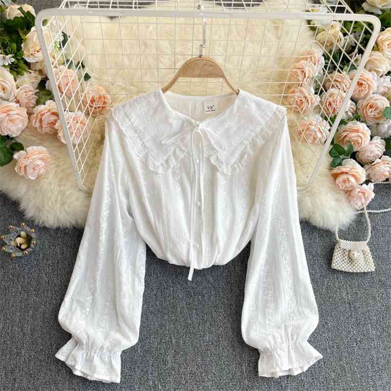 

Women Sweet Puff Sleeve Lace Up Shirt Peter Pan Collar Fungus Slim Short Fashion Spring Summer 11B785 210525, White
