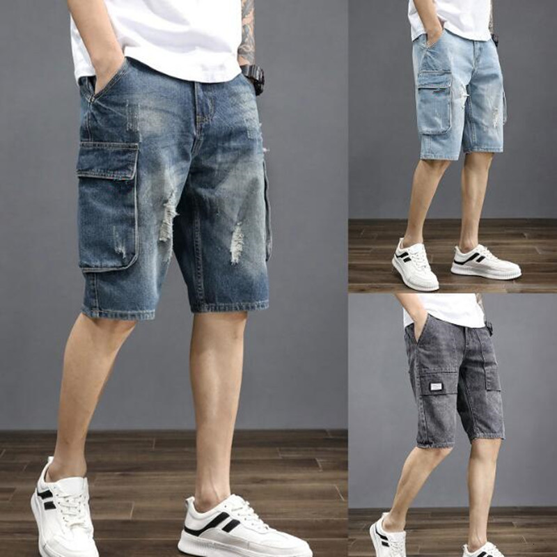

Summer Jeans Shorts New Men's Denim Shorts Straight Multi-pocket Baggy Cargo Trousers Men Cowboy Bottoms Plus Size 42, Sky blue