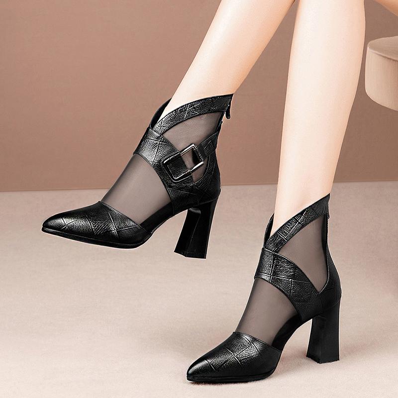 

Dress Shoes 2021 Spring/Autumn Women High Heeled Sandals Boots,Pointed Toe,Thick Heel Gladiator Shoes,Buckle Mesh Ankle, Beige