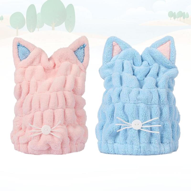 

Shower Caps 2pcs Cat Ear Hair Drying Coral Fleece Thickened Bath (Blue +)