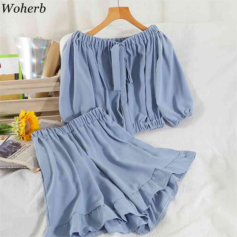 

Casual Summer Shorts Set Loose Off Shoulder Blouse + Wide Leg High Waist Korean Fashion Two Pieces Sets 210519, Apricot