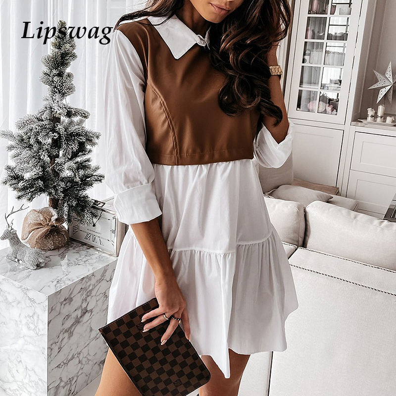 

Spring Autumn Patchwork Party Dress Women Long Sleeve Mini Shirt Dress New Fashion Female Turn-down Collar Button Dress Vestidos, Khaki