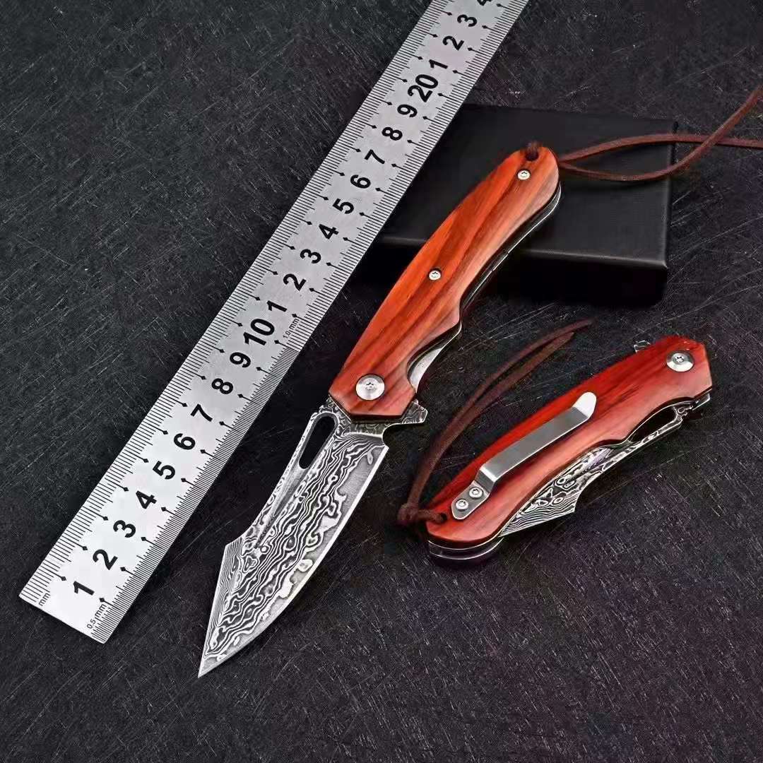 

high quality wood handle damascus blade folding knife