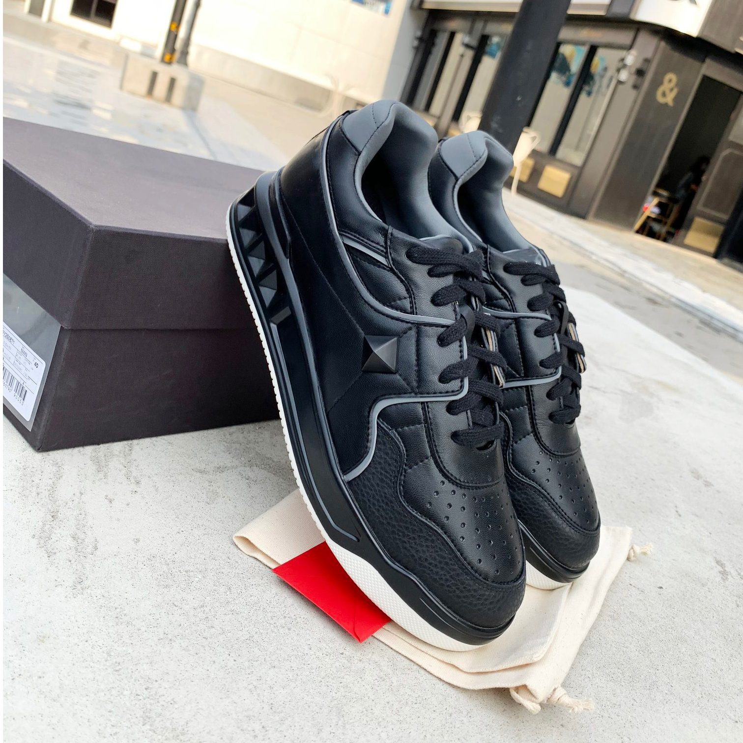 

[With Box] Fashion Men Shoe Women Leather Lace Up Platform Sole Sneakers White Black mens womens Casual Shoes 35-45 With OG TAG, Red