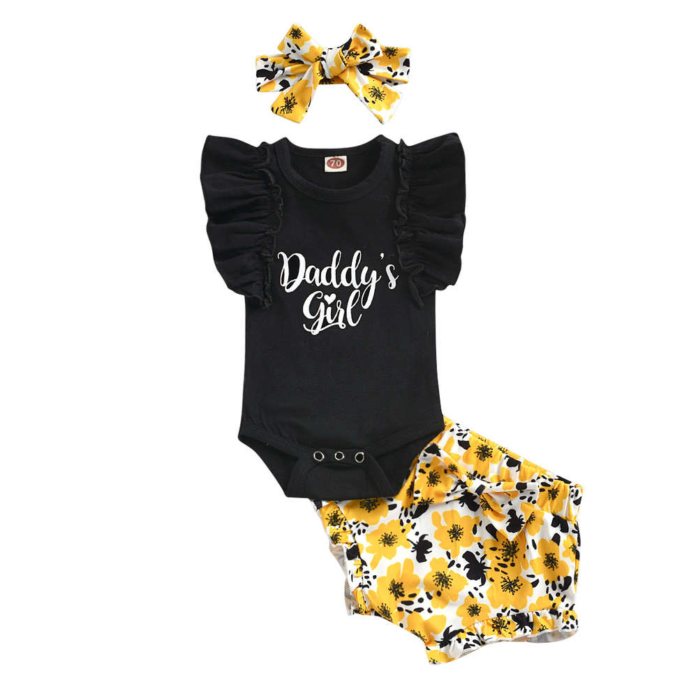 

children's Summer Black English Khartoum printed Shorts Girls' suit, White