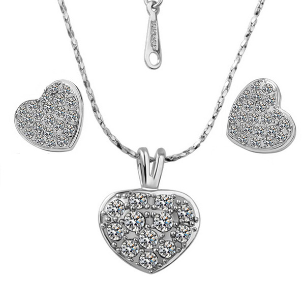 18K Platinum Plated Heart Jewelry Sets Fashion Stud Earrings Pendant Necklaces Austrian Crystal Women Jewelery Set-image-679718876