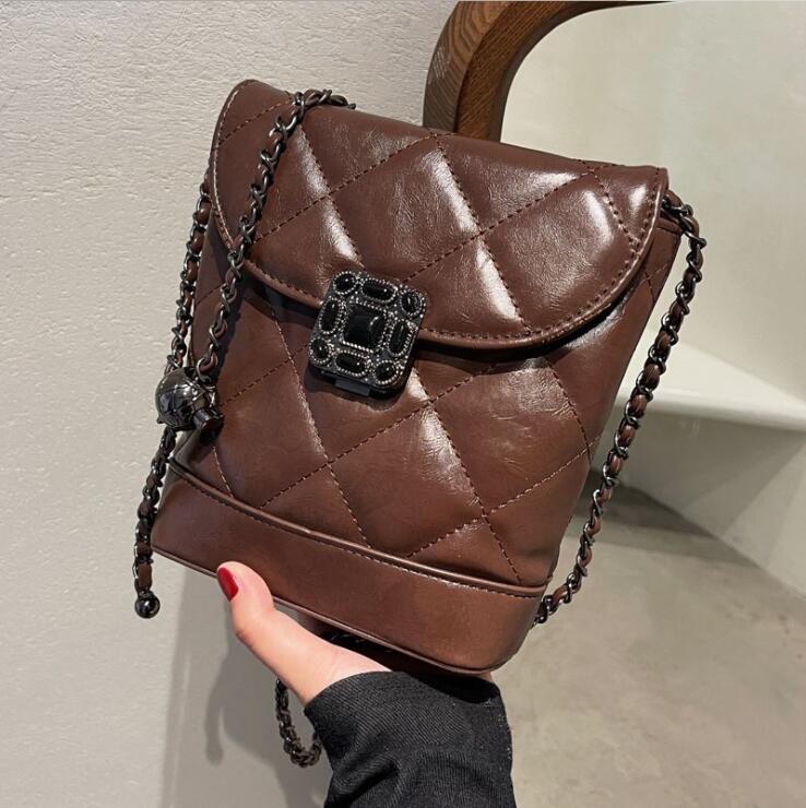 

Factory wholesale womens handbags retro leather bucket bags street personality diamond chain bag simple joker solid color Thread women handbag, Brown(boutique box)