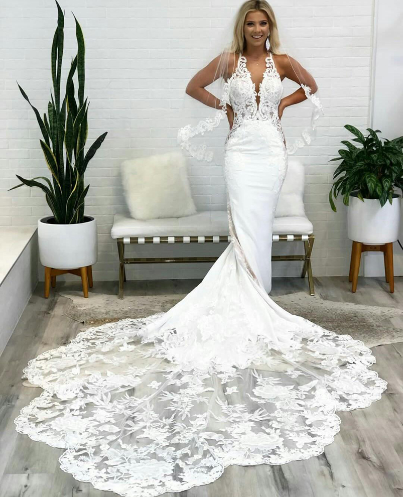 Deep V Neck Lace Mermaid Wedding Dresses Appliqued Court Train Backless Tulle Plus Size Bridal Gowns Vestidos De Novia-image-706303224