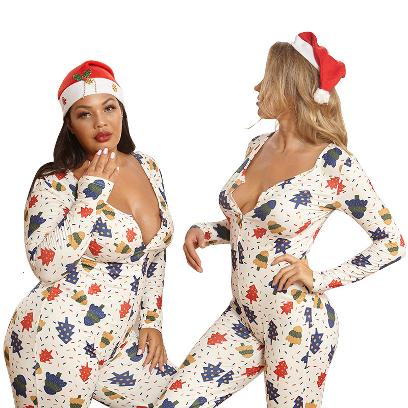 Christmas Home Wear Jumpsuits Plus Size Women Knitted Single-breasted Sexy V-neck Bodycon Cartoon Printing Rompers Autumn-image-680509724