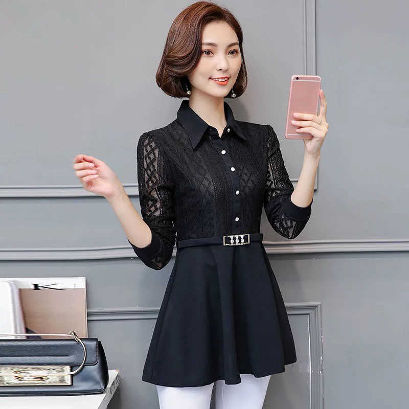 

Women Spring Autumn Style Blouses Shirts Lady Casual Three Quarter Sleeve Turn down Collar Hollow Out Lace Blusas Tops DF1964 210609, Navy