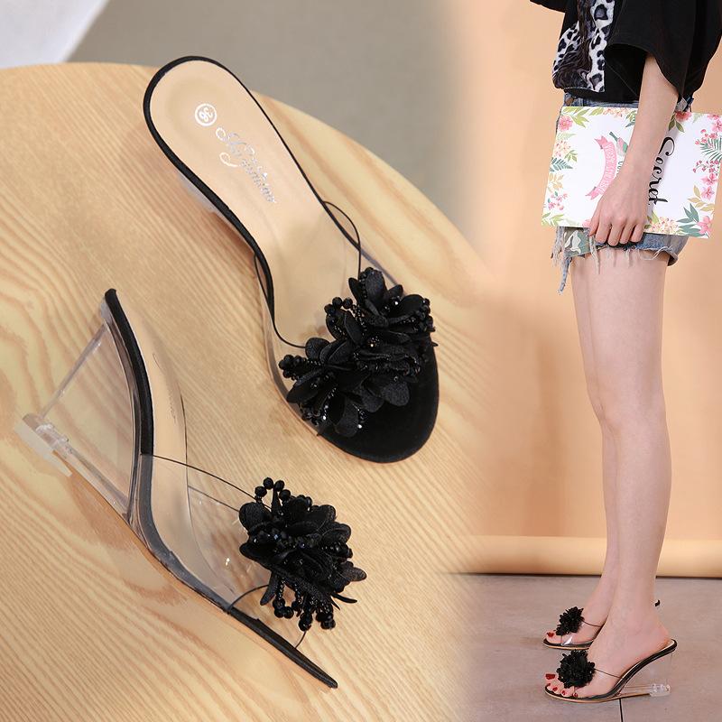 

Slippers 2021 Summer Pvc Material Hairy Ball Female Square Root Sandals And Transparent Crystal Hi, Black