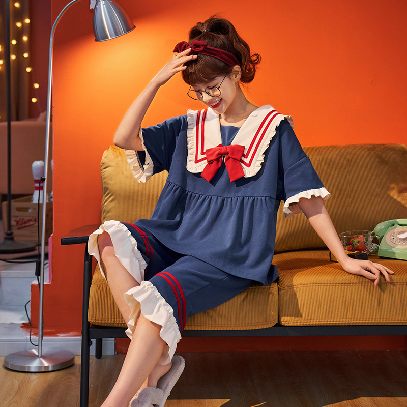 

2021 Pajamas New Ladies spring and summer seasons Pure cotton Nightdress Trousers Pajamas Sweet Bow Pajamas Set/night Sleepwear