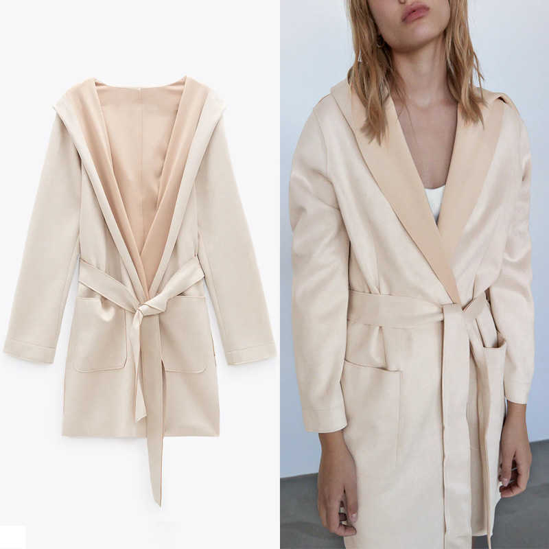 

Za Faux Suede Jacket Women Chic Long Sleeve Hooded Collar Jackets Coat for Autumn Woman Office Belt Outwear Top 210602, Beige