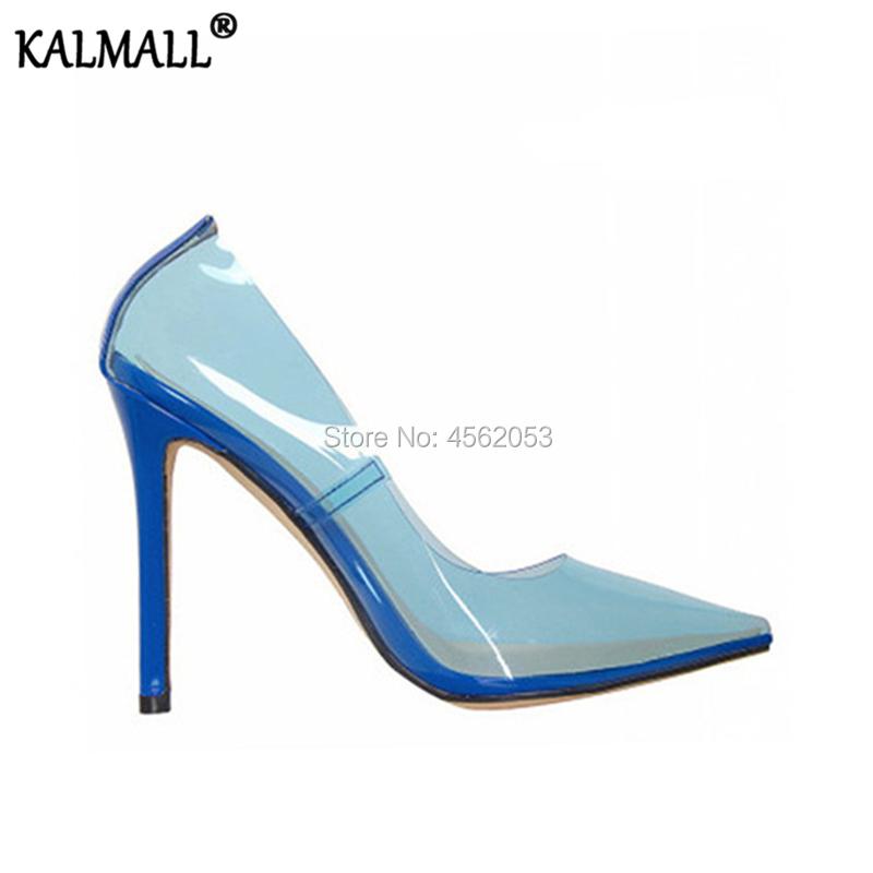 

Dress Shoes KALMALL Blue Pink Nude Perspex PVC Pointed Toe Party Office Ladies Slip On Pumps Sexy Clear Transparent High Heels, Black