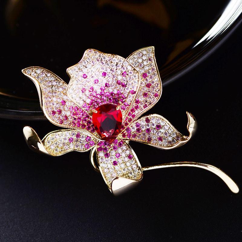 

Pins, Brooches OKILY 2021 Luxurious Red And Blue Cubic Zircon Petals Pin Unique Floral Summer Jewelry Accessories For Women Gift