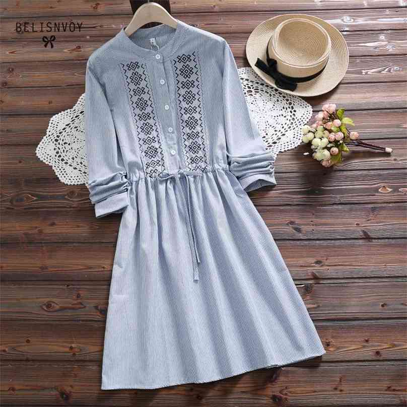 

Spring Autumn Striped Embroidery Dress Women's Casual Long Sleeved Stand Collar Small Fresh Cotton Linen Tunic Dresses 210520, Pink