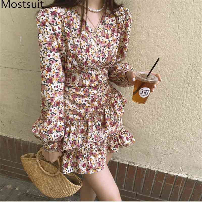 

Autumn Floral Printed Korean Vintage Chiffon Mini Dress Women Long Sleeve V-neck Ruffles High Waist Fashion Ladies Vestidos 210518, Picture color