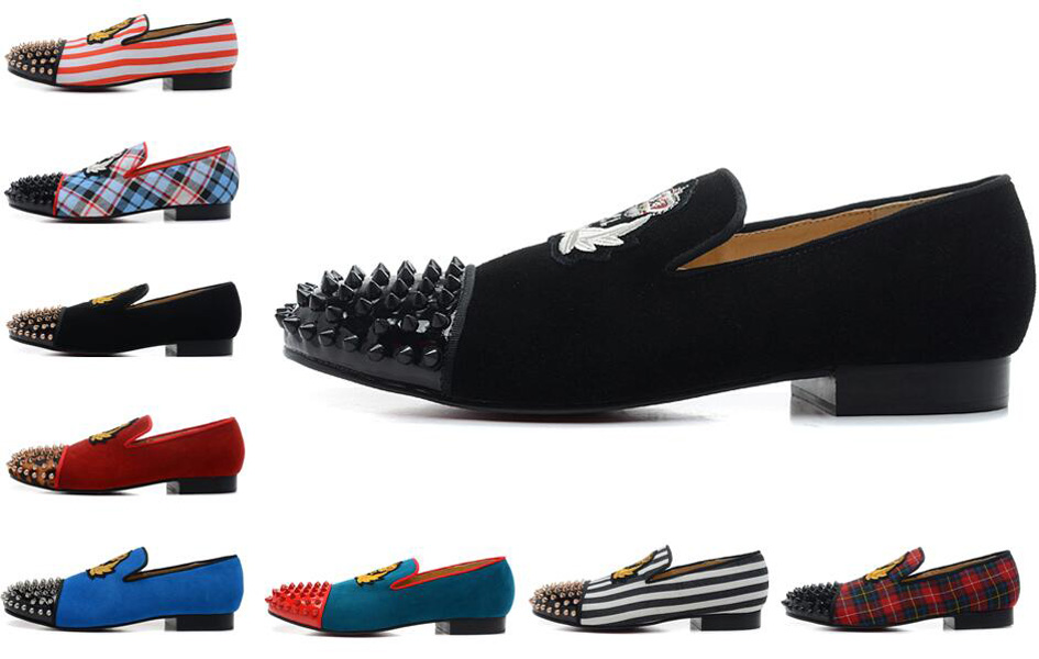 

Brand Loafers Luxury Party Wedding Shoes Designer BLACK SUEDE Embroidery with Spikes Studded flats dress shoes for mens womens, Color 7