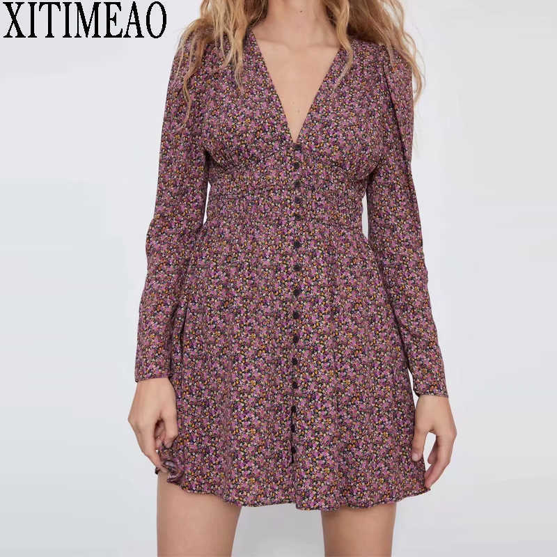 

ZA Autumn Vintage Print Dress Women Boho Chiffon Long Sleeve Slim Dress V Neck Spring Party Vestidos XITIMEAO 210602, As picture