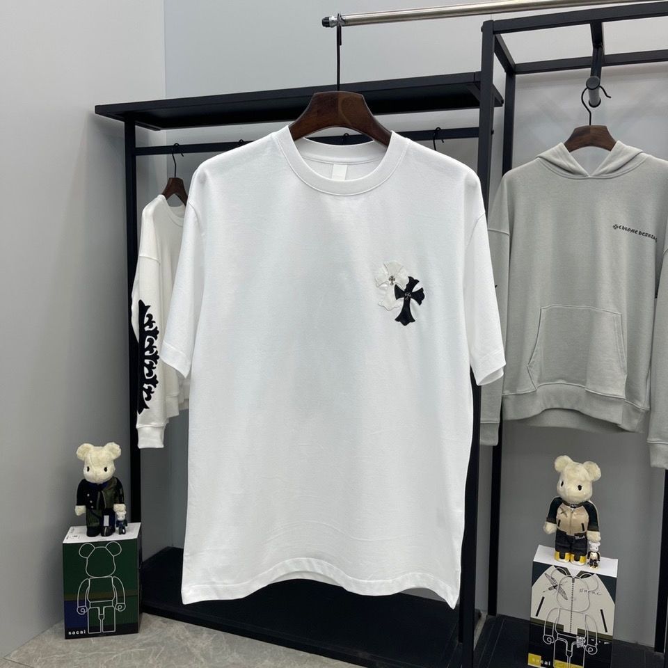 

Embroidery Chrome-hearts 2021 Early Spring Crosin Cross Leather Short Sleeve T-shirt Men's and Women's Casual Top Fashion, White;black