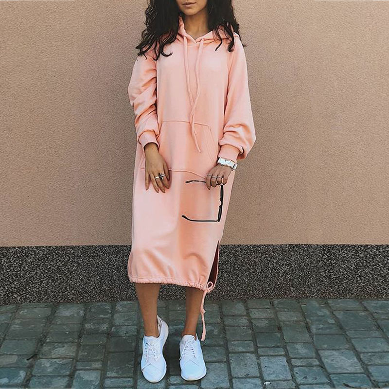 

2021celmia winter warm women hoodies sweatshirt dress 2021 fashion long sleeve fleece dresses solid dstring hooded vestidos 5xl, Black;gray