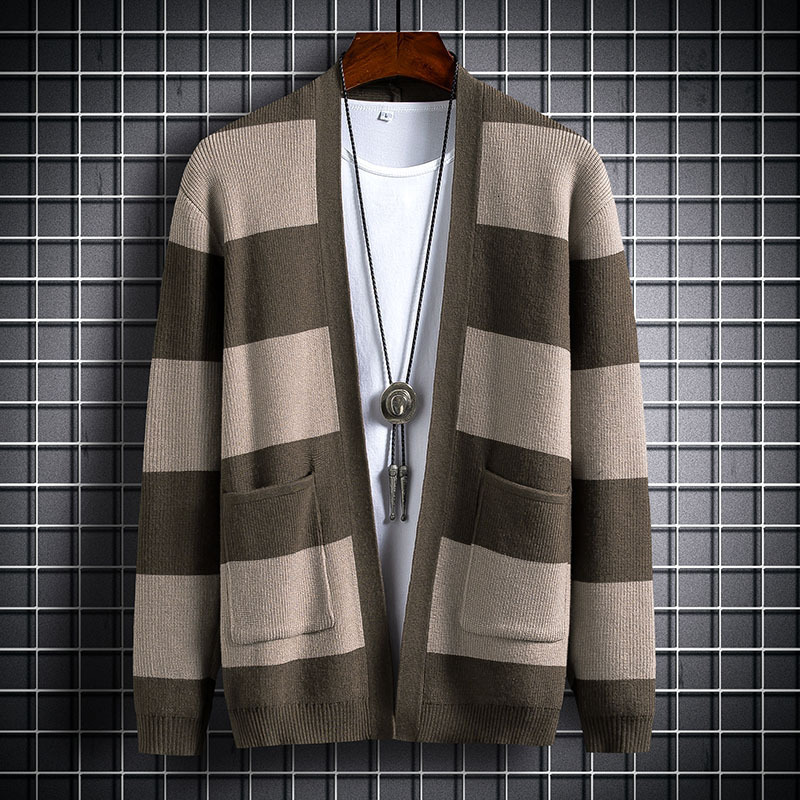 

sweater knit autumn and winter 2021 men's clothing stripe cardigan trend ted coat base, White;black