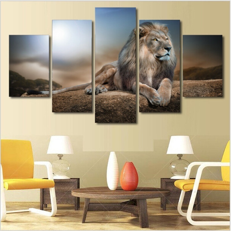 5pcs/set Unframed One Lion Lie on the Mountain Oil Painting Canvas Wall Art Picture For Living Room Decor-image-704876853
