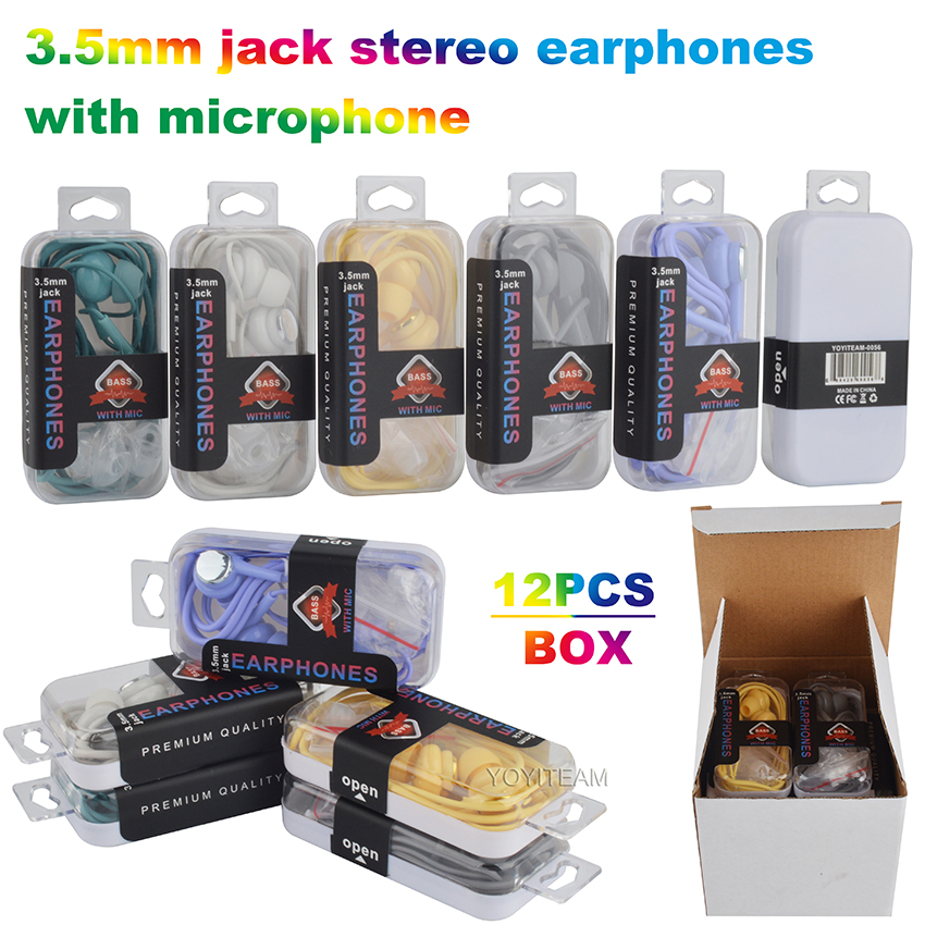 

3.5mm jack stereo earphones with microphone with multi colors fit for smartphone music headset in plastic case with UPC barcode, Mixed color