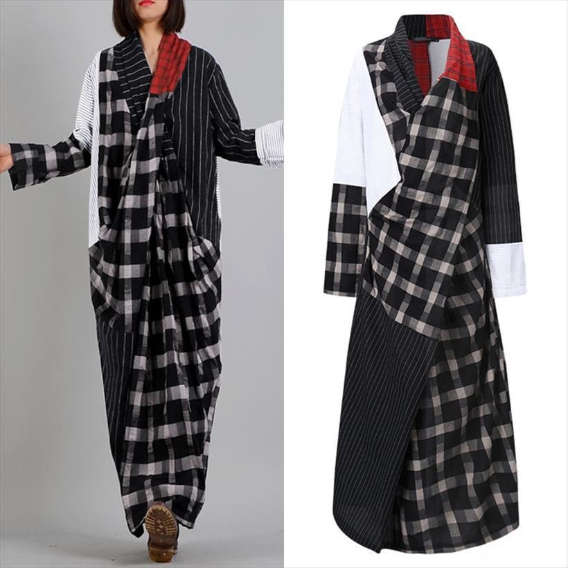 

Oversized Asymmetrical Dress Spring Sundress Womens Tanks Casual Long Sleeve Plaid Vestidos Female V Neck Patchwork Retro Robe, White